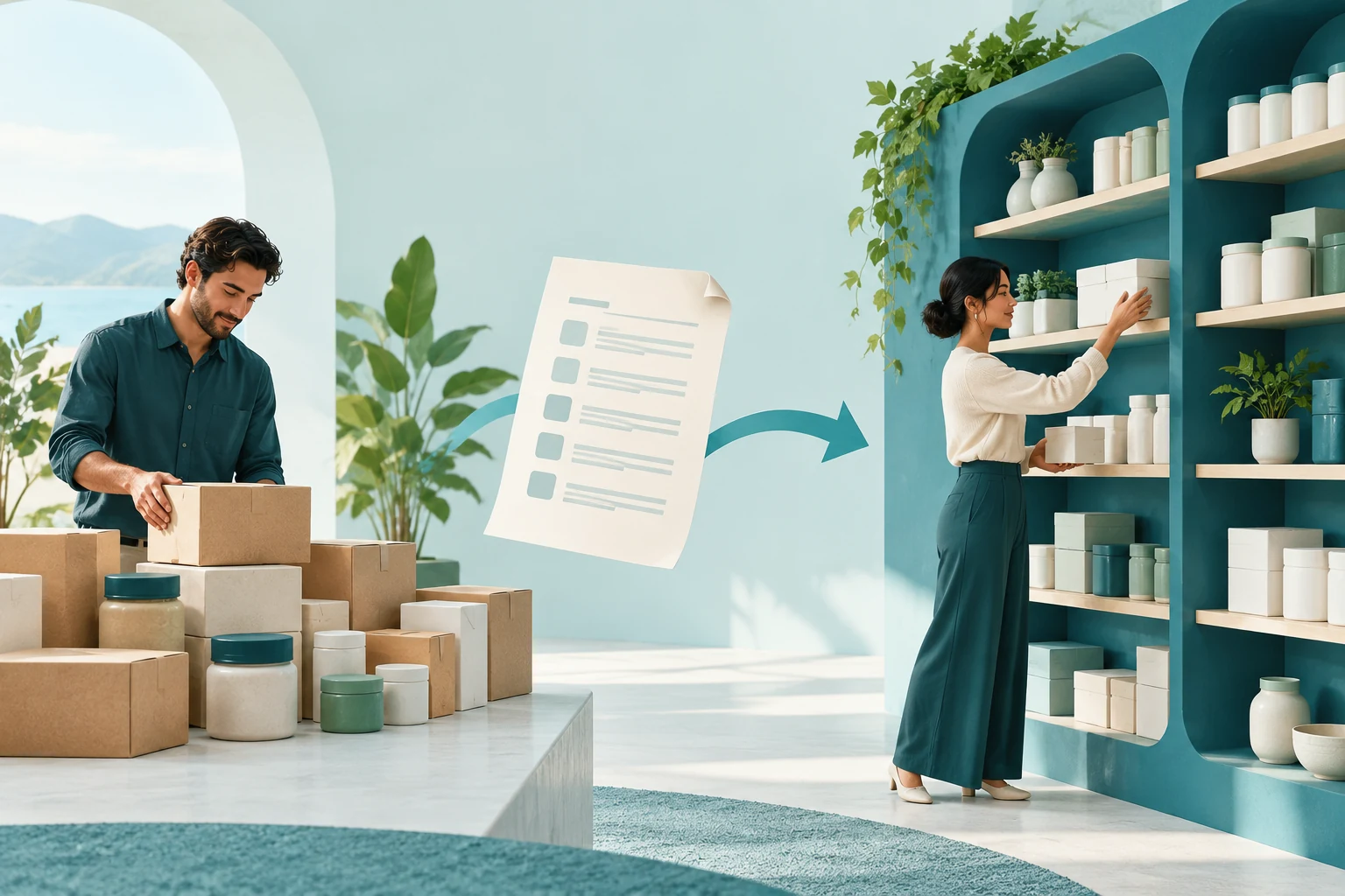 Illustration of product inventory moving from a list into organized catalog shelves.